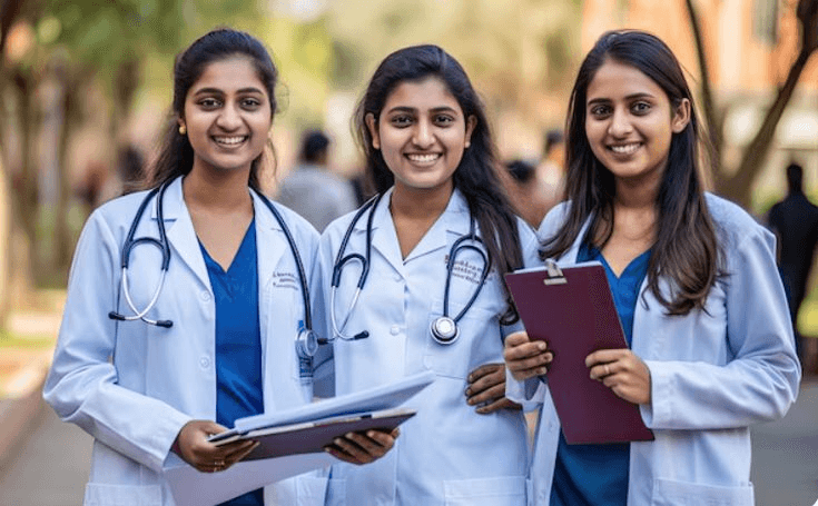 Female medical student in white coat with stethoscope